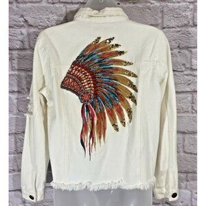 Savanna Jane Small Off White Denim Indian Headdress Native American Jean Jacket